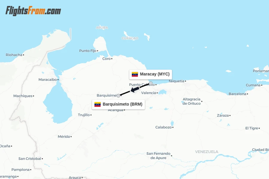 Flights from Maracay to Barquisimeto route map