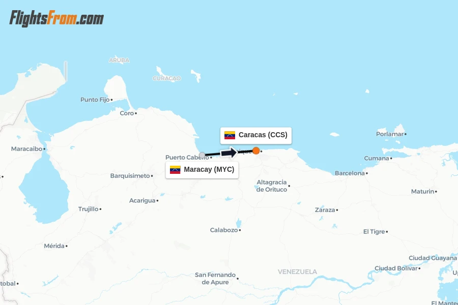 Flights from Maracay to Caracas route map
