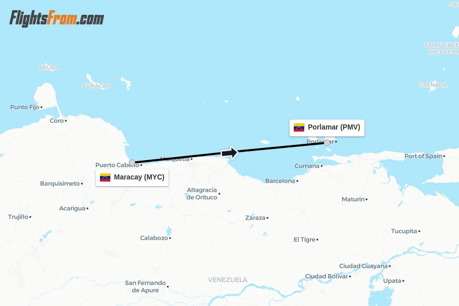 Flights from Maracay to Porlamar route map