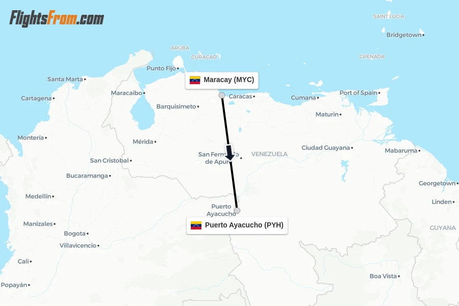 Flights from Maracay to Puerto Ayacucho route map