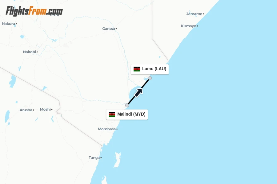 Flights from Malindi to Lamu route map