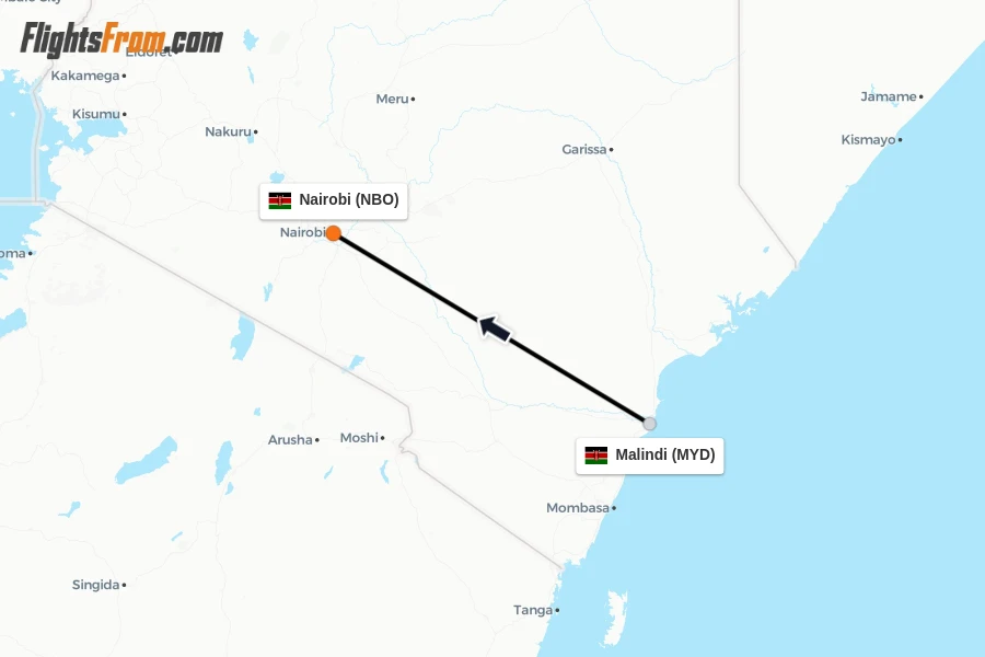 Flights from Malindi to Nairobi route map