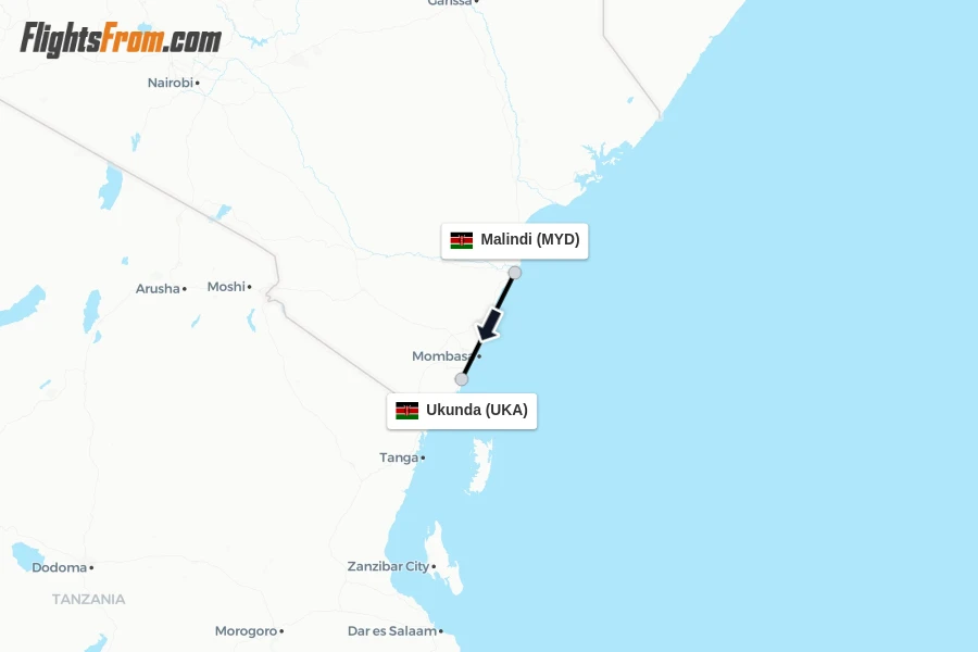 Flights from Malindi to Ukunda route map