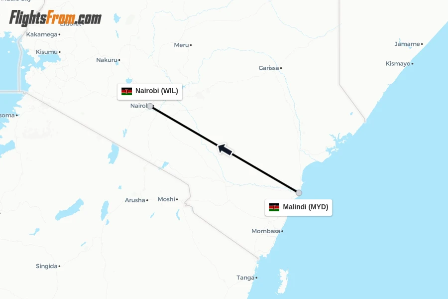 Flights from Malindi to Nairobi route map
