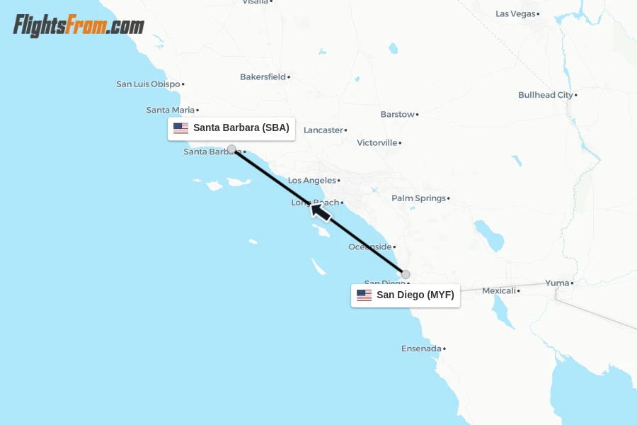 Flights from San Diego to Santa Barbara route map