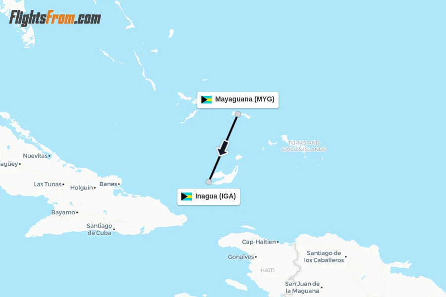Flights from Mayaguana to Inagua route map