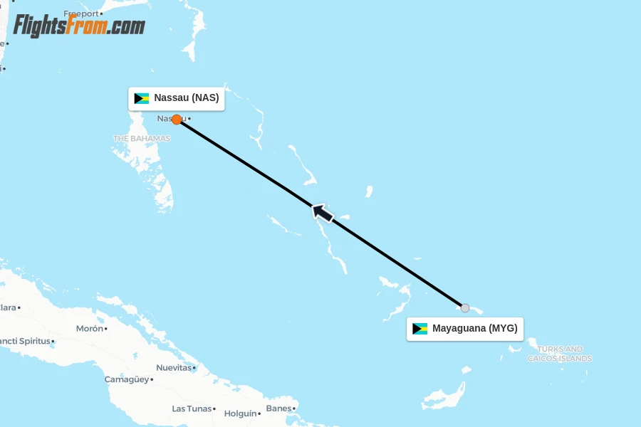 Flights from Mayaguana to Nassau route map