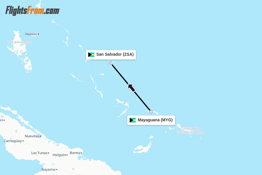 Flights from Mayaguana to San Salvador route map