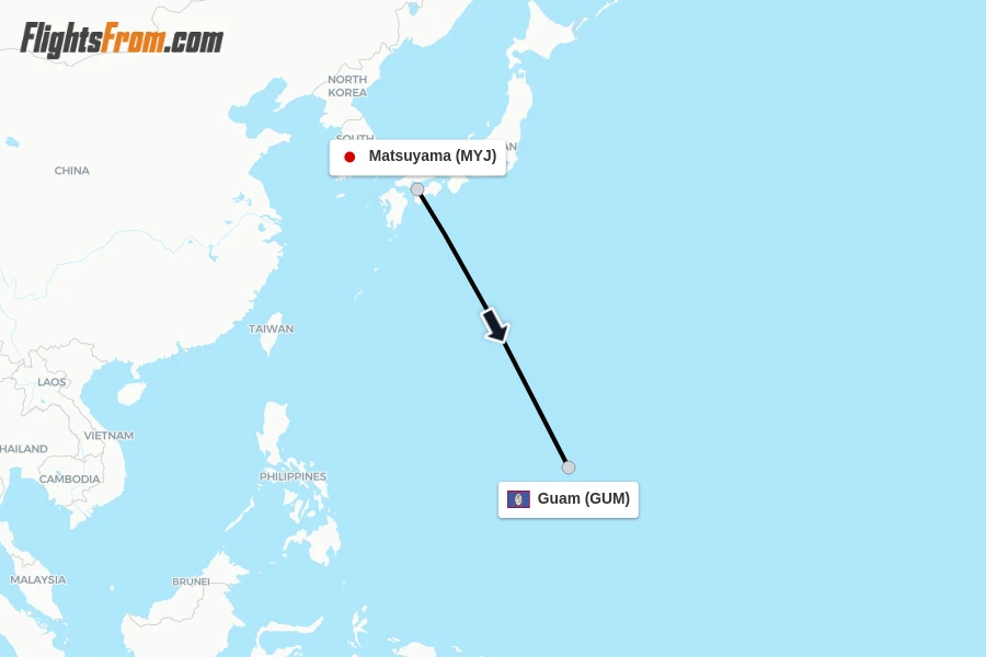 Flights from Matsuyama to Guam route map