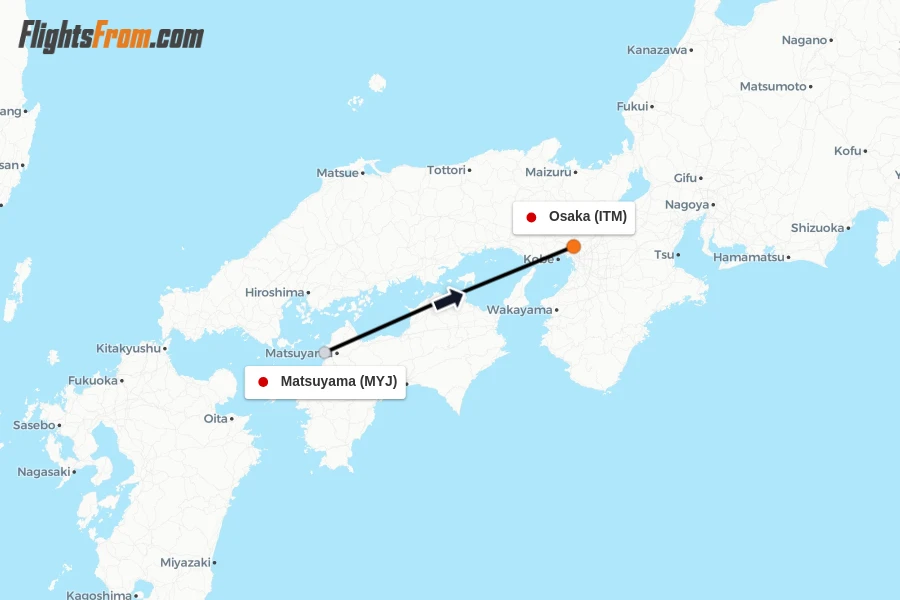 Flights from Matsuyama to Osaka route map
