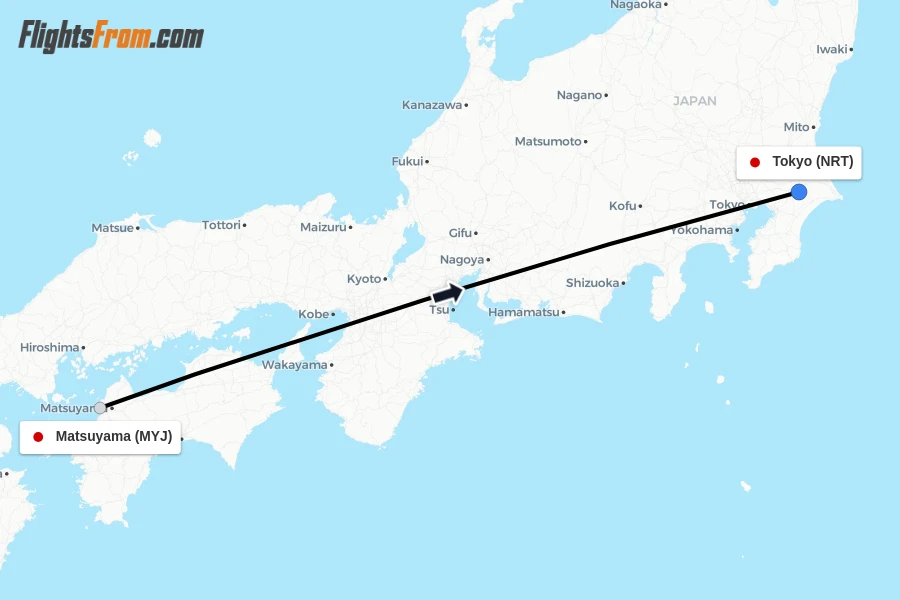 Flights from Matsuyama to Tokyo route map