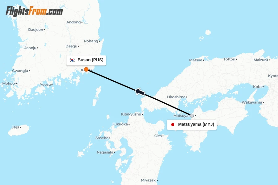 Flights from Matsuyama to Busan route map
