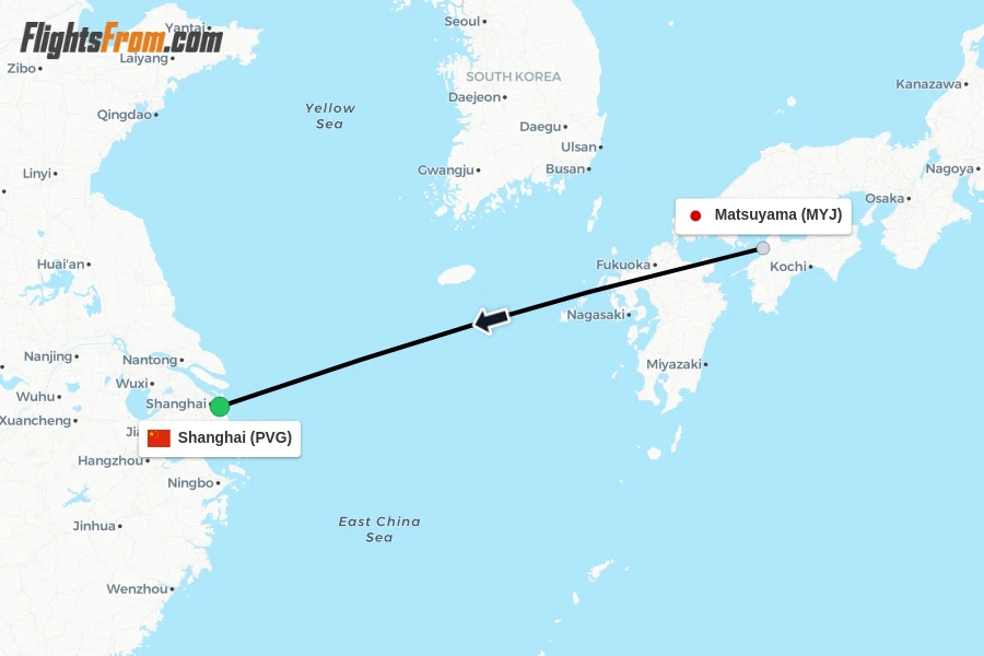 Flights from Matsuyama to Shanghai route map