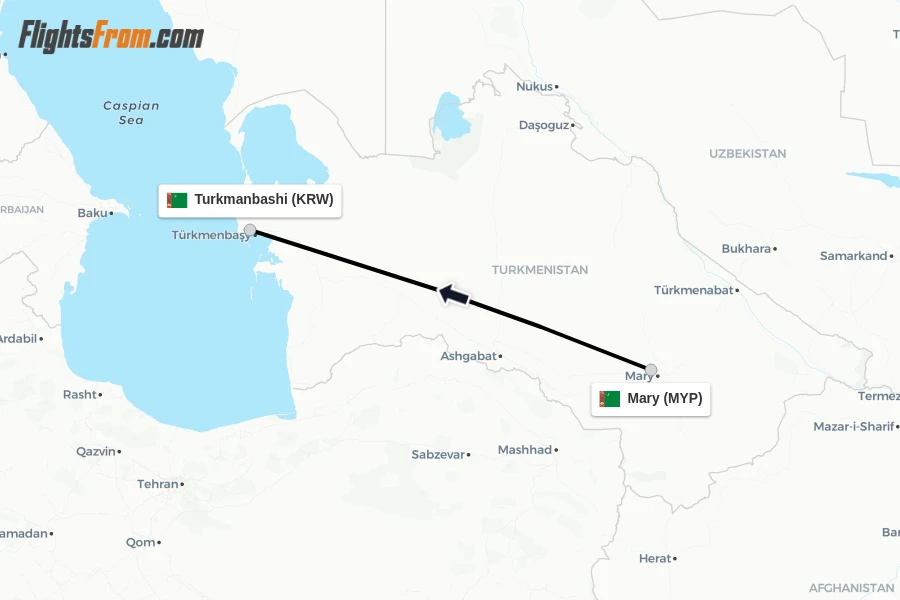 Flights from Mary to Turkmanbashi route map