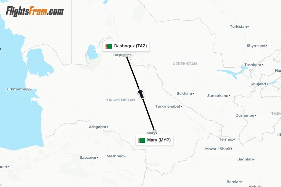 Flights from Mary to Dashoguz route map