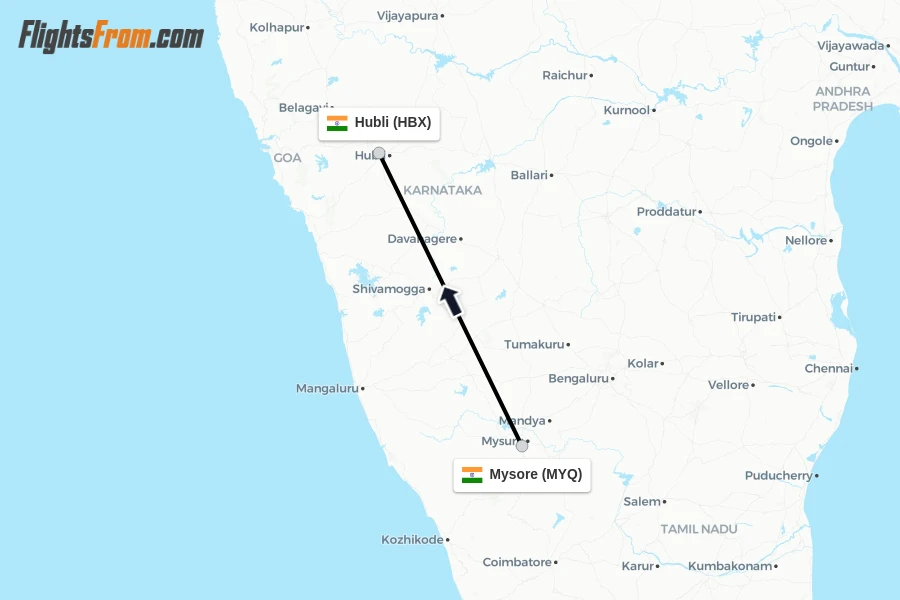 Flights from Mysore to Hubli route map