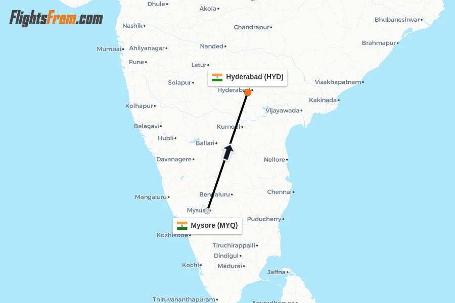 Flights from Mysore to Hyderabad route map