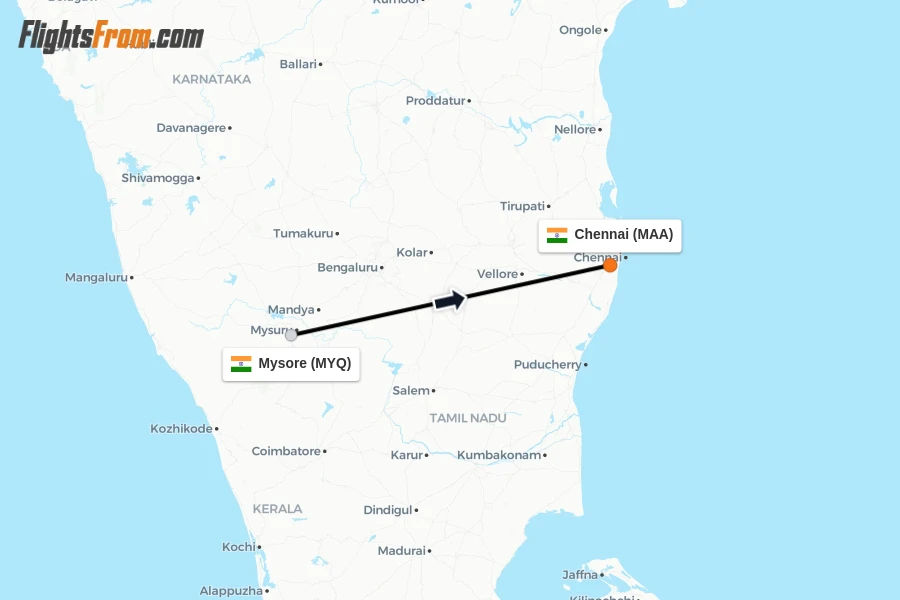 Flights from Mysore to Chennai route map
