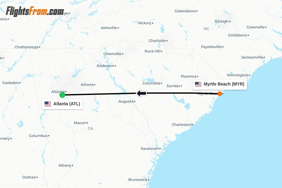 Flights from Myrtle Beach to Atlanta route map