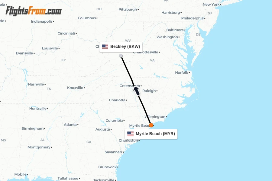 Flights from Myrtle Beach to Beckley route map