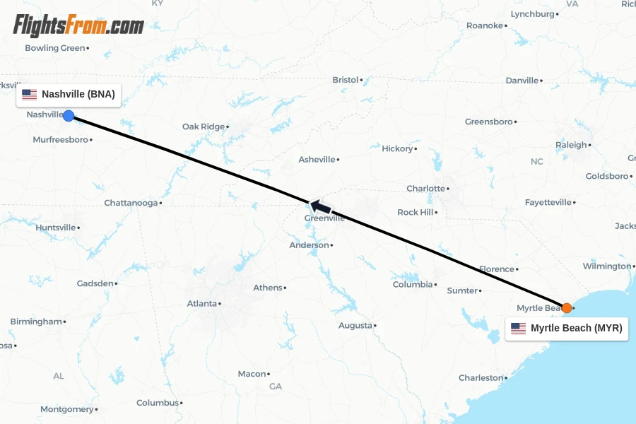 Flights from Myrtle Beach to Nashville route map