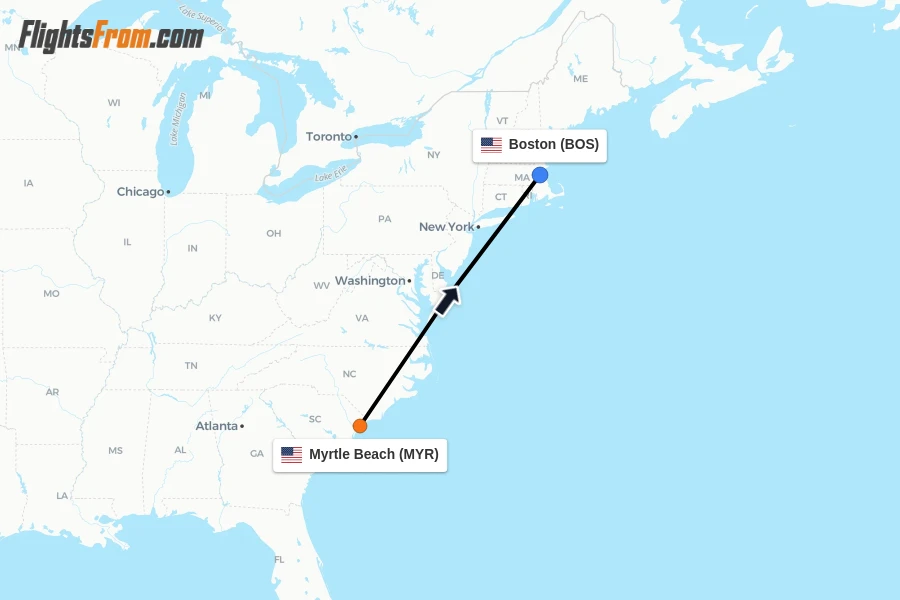 Flights from Myrtle Beach to Boston route map