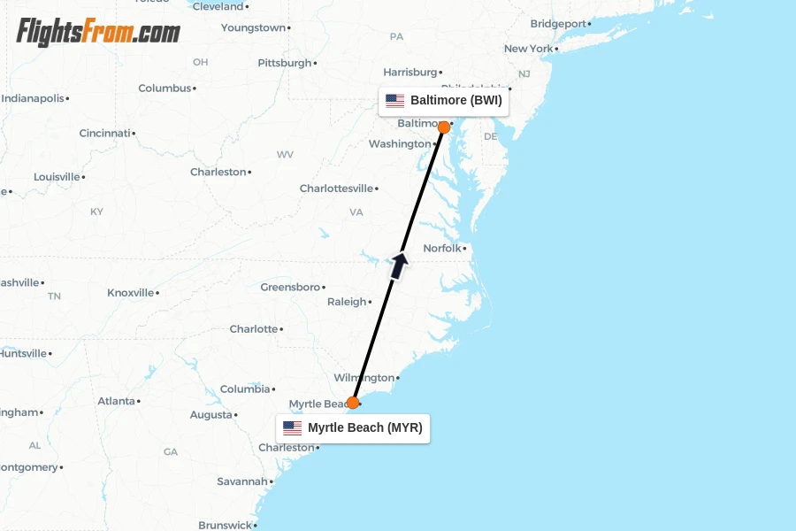 Flights from Myrtle Beach to Baltimore route map