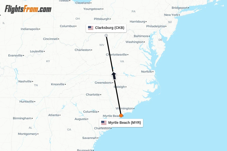 Flights from Myrtle Beach to Clarksburg route map