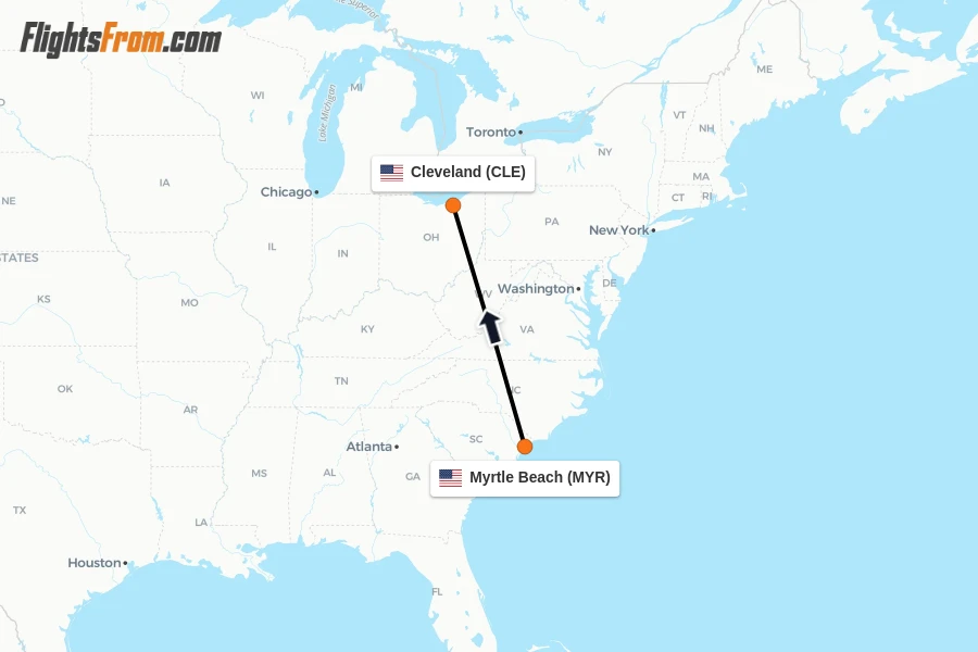 Flights from Myrtle Beach to Cleveland route map