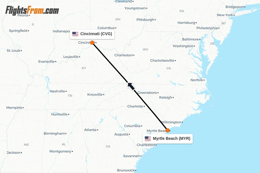 Flights from Myrtle Beach to Cincinnati route map