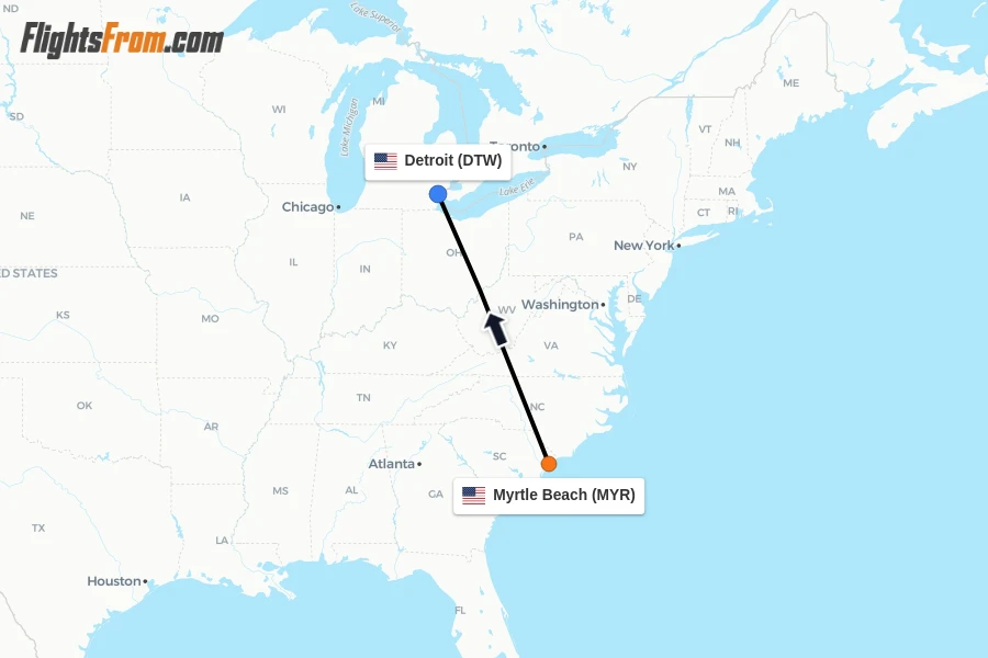 Flights from Myrtle Beach to Detroit route map