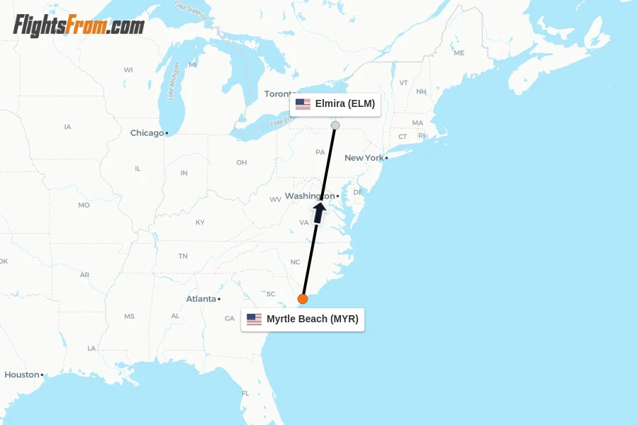 Flights from Myrtle Beach to Elmira route map