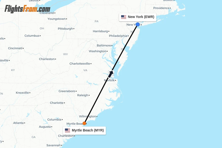 Flights from Myrtle Beach to New York route map