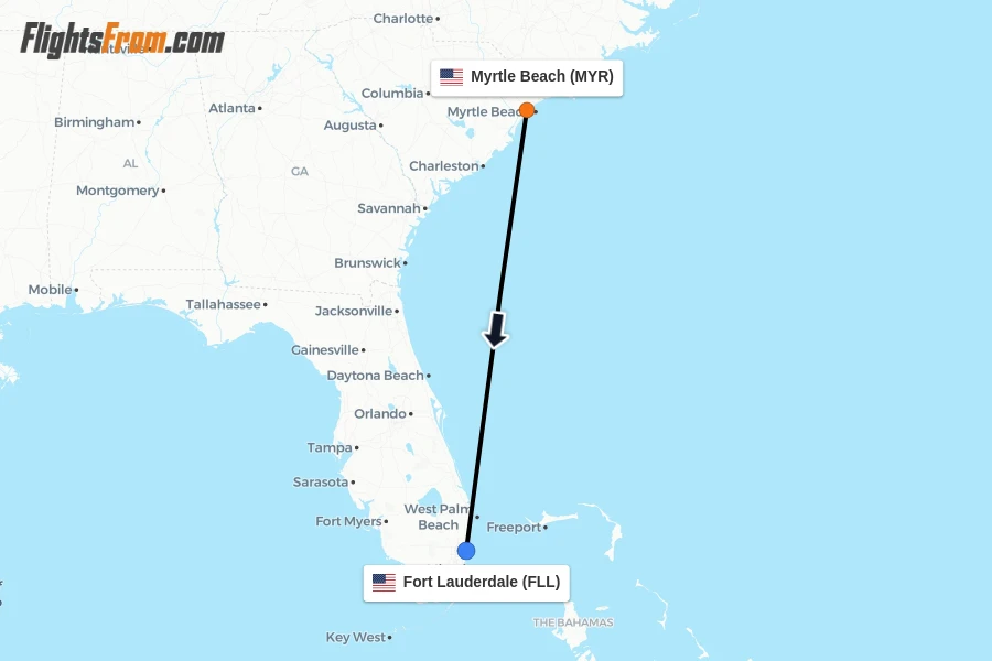 Flights from Myrtle Beach to Fort Lauderdale route map