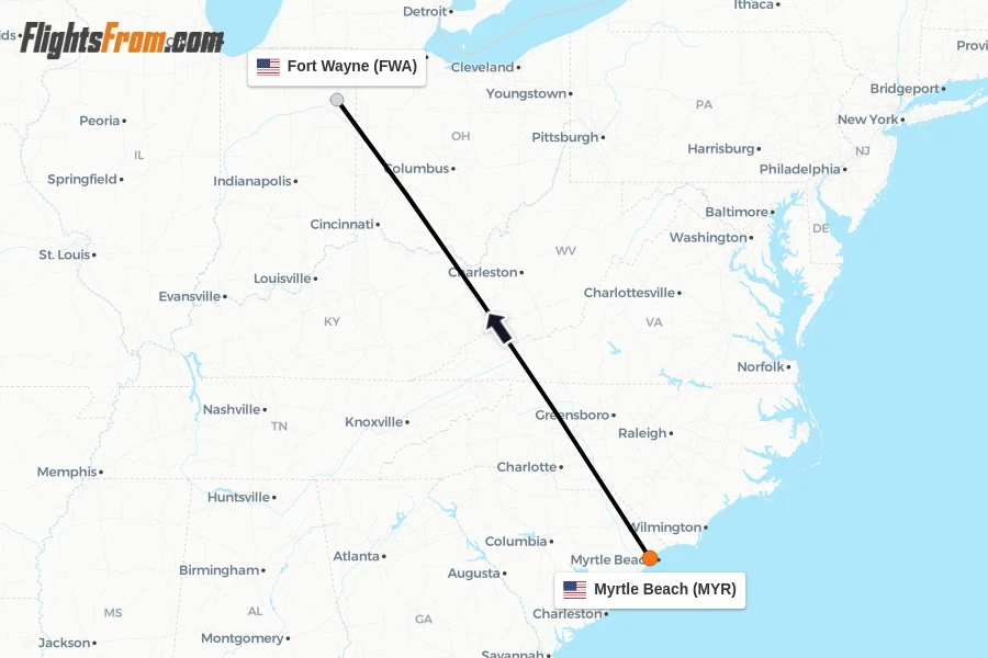 Flights from Myrtle Beach to Fort Wayne route map