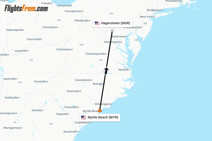 Flights from Myrtle Beach to Hagerstown route map