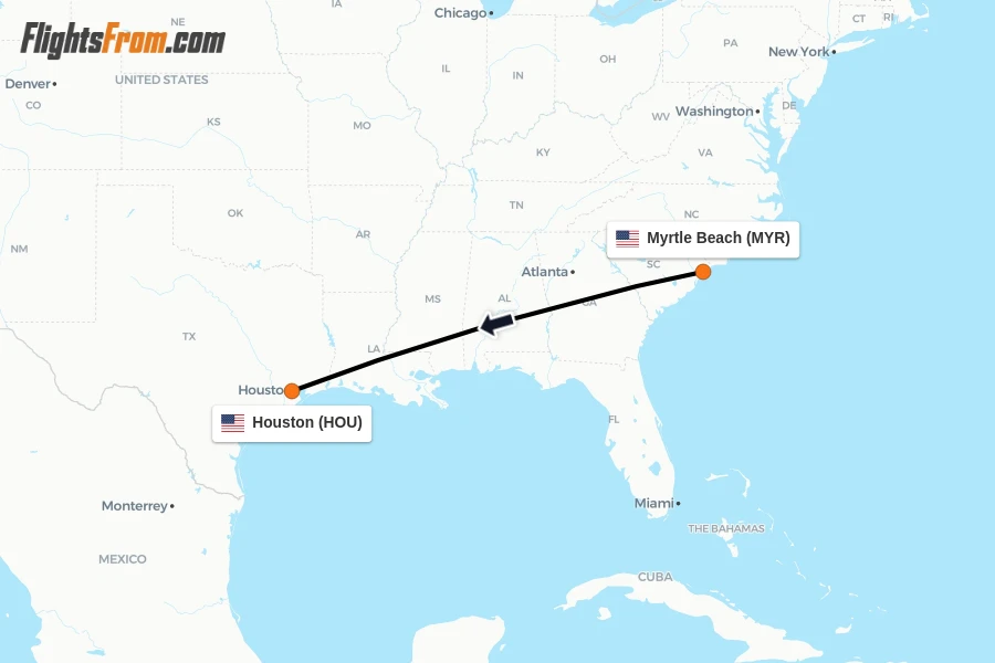 Flights from Myrtle Beach to Houston route map