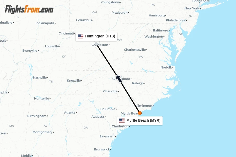 Flights from Myrtle Beach to Huntington route map