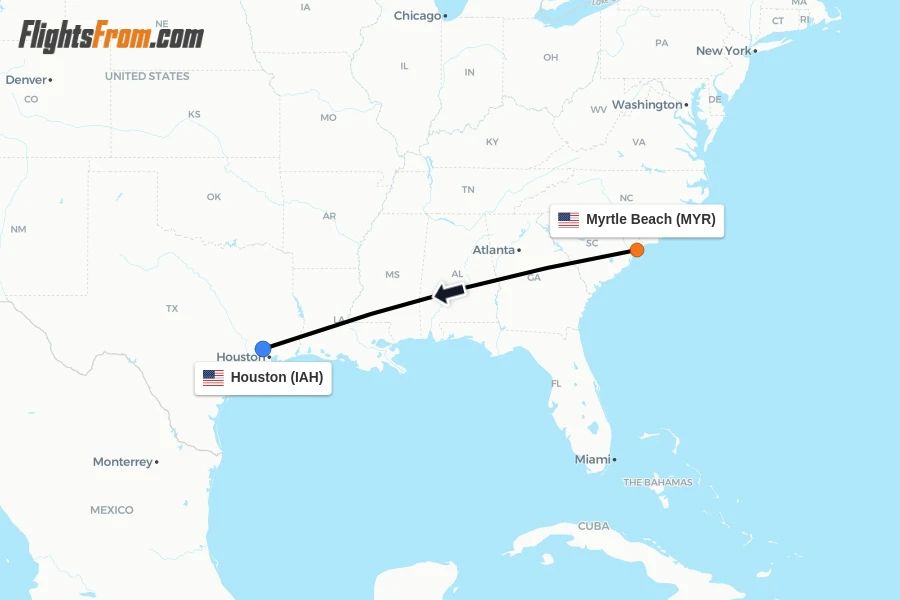 Flights from Myrtle Beach to Houston route map