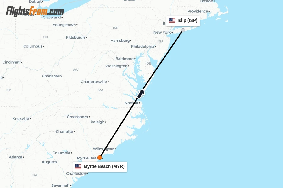 Flights from Myrtle Beach to Islip route map