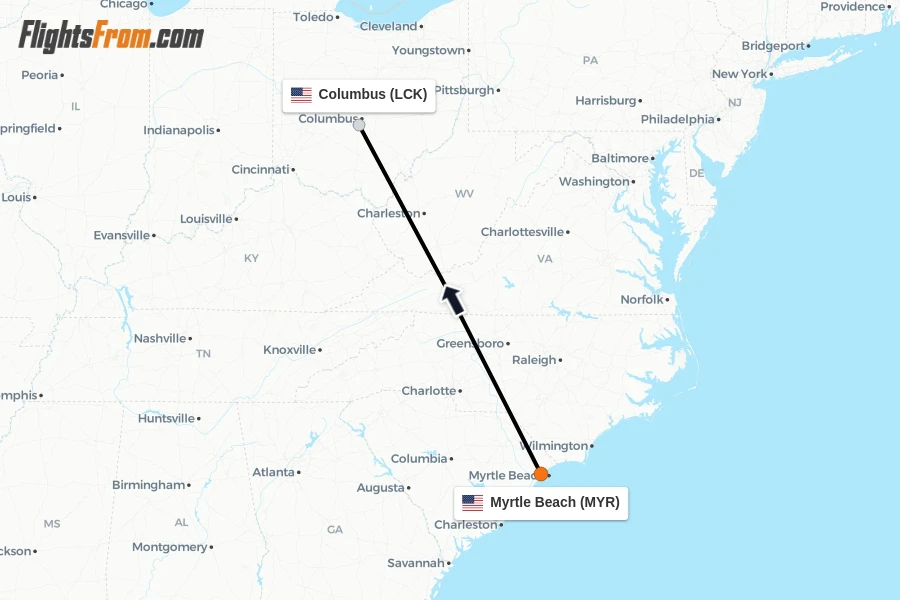 Flights from Myrtle Beach to Columbus route map
