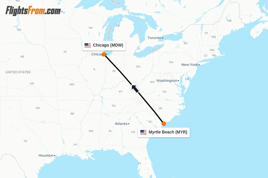 Flights from Myrtle Beach to Chicago route map