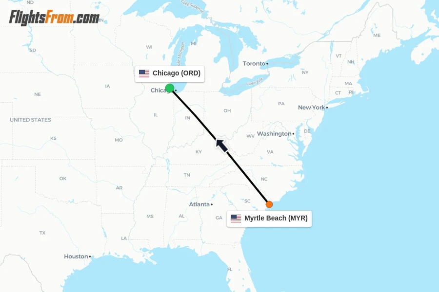 Flights from Myrtle Beach to Chicago route map