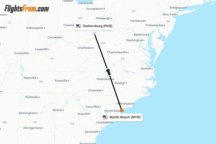 Flights from Myrtle Beach to Parkersburg route map