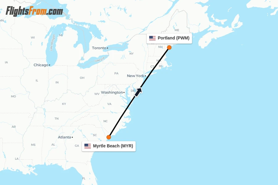 Flights from Myrtle Beach to Portland route map
