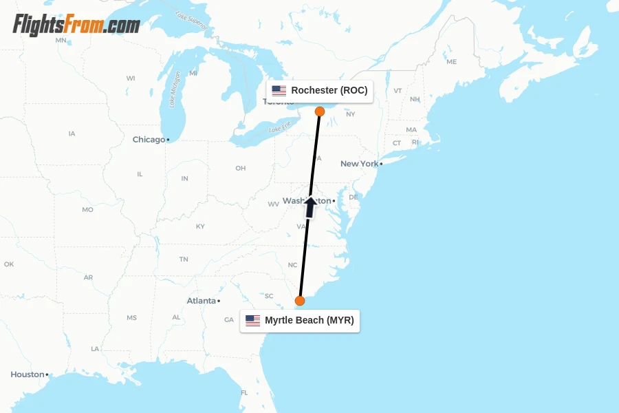 Flights from Myrtle Beach to Rochester route map