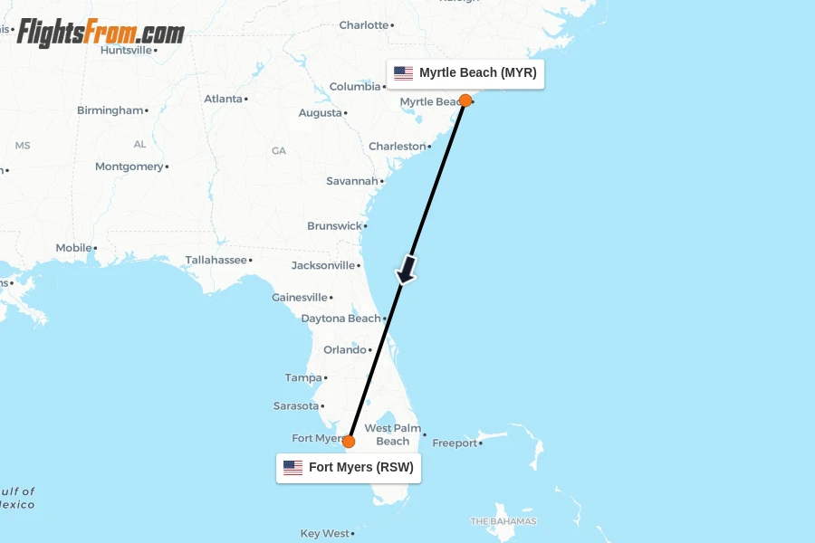 Flights from Myrtle Beach to Fort Myers route map