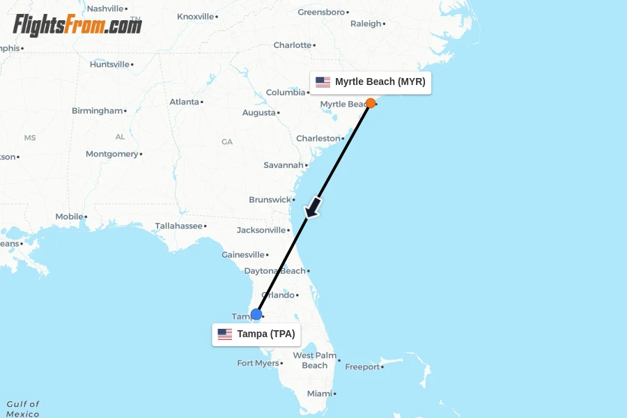 Flights from Myrtle Beach to Tampa route map