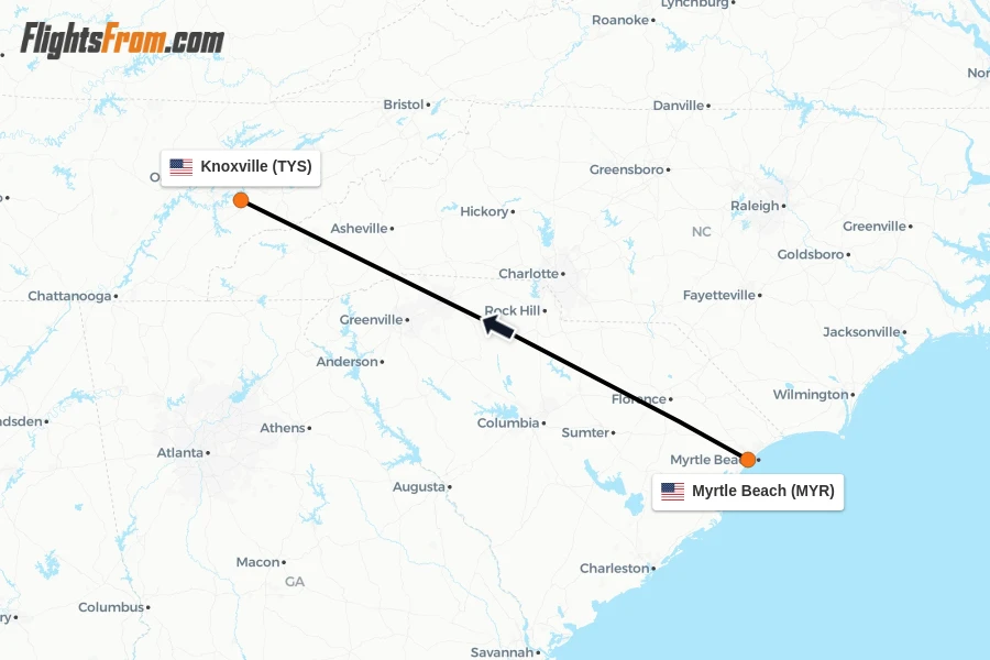Flights from Myrtle Beach to Knoxville route map