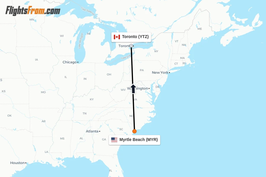 Flights from Myrtle Beach to Toronto route map